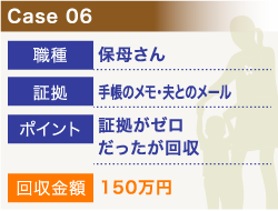 Case06 職種:保育士、証拠:手帳のメモ・夫とのメール 、ポイント:証拠がゼロだったが回収、回収金額:150万円